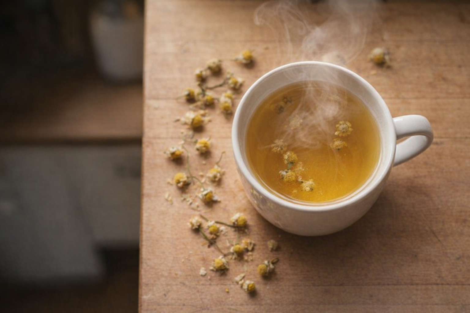 A top-down shot of a steaming cup of chamomile tea, golden liquid, with a few dried chamomile flowers scattered around the cup on a wooden surface, warm, inviting lighting